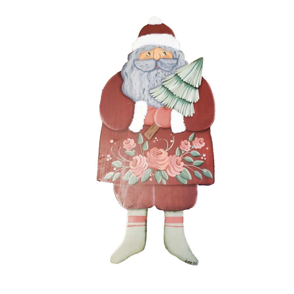 Vintage Handmade Hand Painted Wooden Santa Home Decor Adult 15" Signed 93 Floral